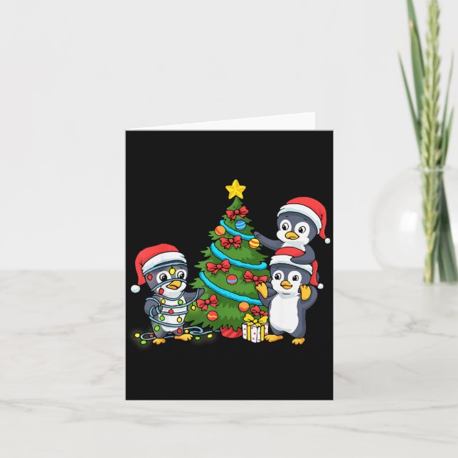 Kids Christmas Penguin Christmas Tree Lights Baubl Card (Front)