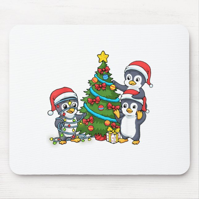 Kids Christmas Penguin Christmas Tree Lights Baubl Mouse Pad (Front)