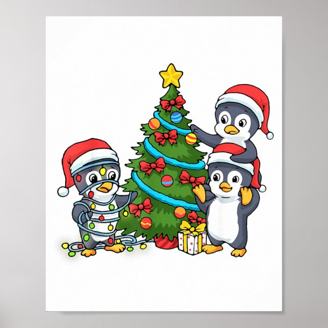Kids Christmas Penguin Christmas Tree Lights Baubl Poster (Front)