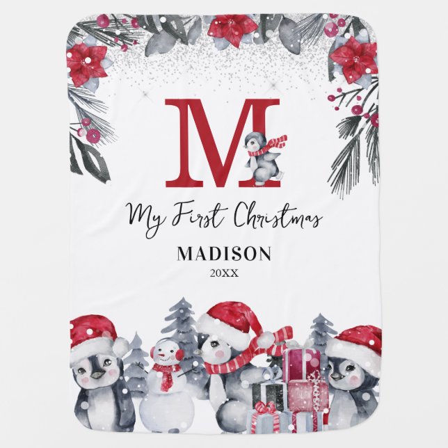 Kids Christmas Penguin Monogram Name Baby Blanket (Front)