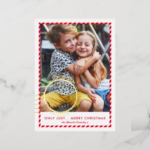 KIDS CHRISTMAS PHOTO cute Nice List stamp red gold Foil Holiday Card