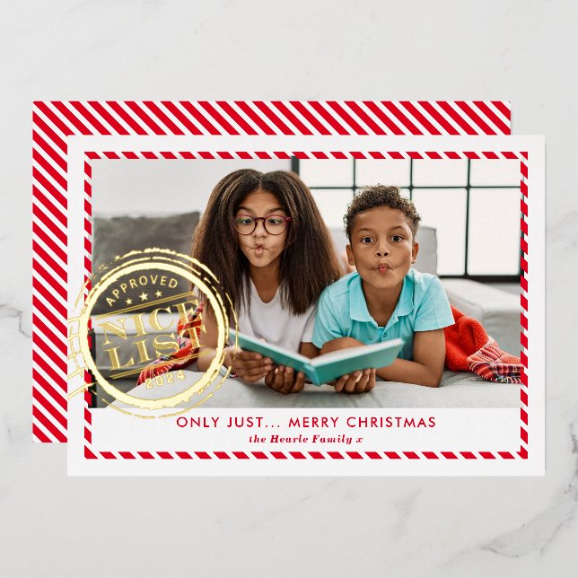 KIDS CHRISTMAS PHOTO fun Nice List stamp red gold Foil Holiday Card (Front/Back)