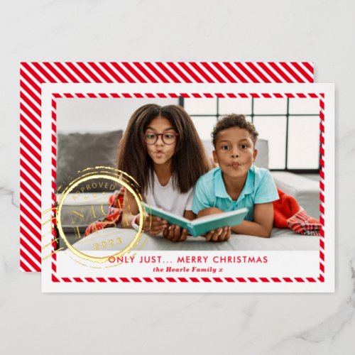 KIDS CHRISTMAS PHOTO fun Nice List stamp red gold Foil Holiday Card