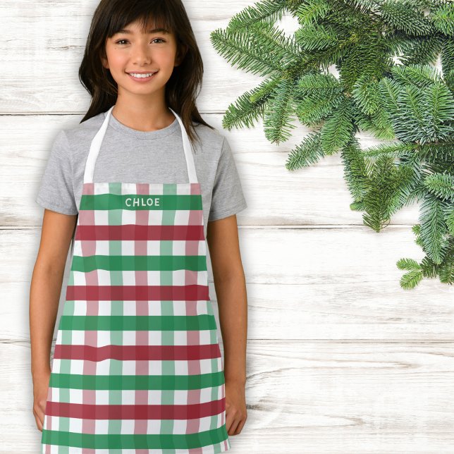 Kids Christmas Red Green Plaid Personalized Name Apron (Creator Uploaded)
