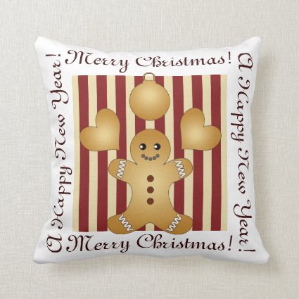 Kids Christmas Red Stripes Cute Gingerbread Man Throw Pillow