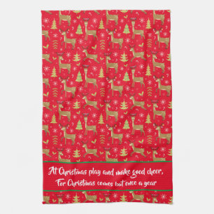 Kids Christmas Reindeer Playing Red Kitchen Towel