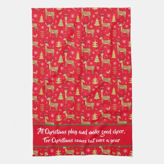 Kids Christmas Reindeer Playing Red Kitchen Towel (Vertical)