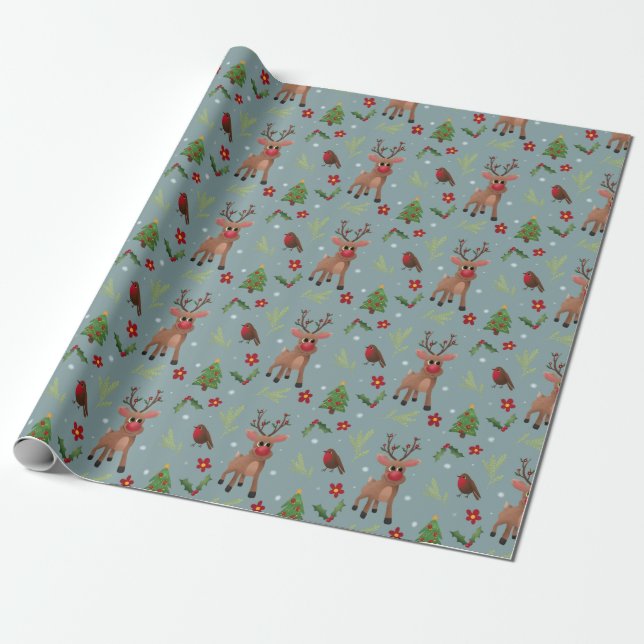 Kids Christmas Rudolph Reindeer Pattern Holiday Wrapping Paper (Unrolled)