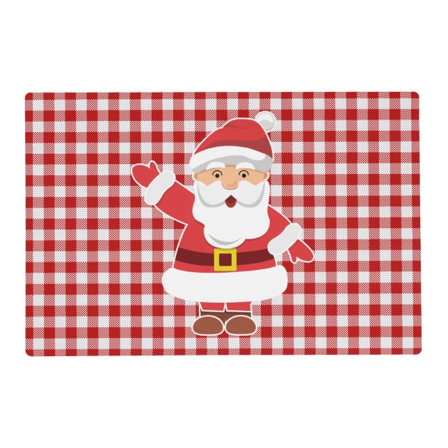 Kids Christmas Santa Red Check Stripe Laminated  Placemat (Front)