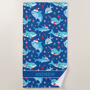 Kids Christmas Shark Narwhal Personalized Beach Towel