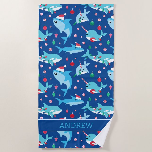 Kids Christmas Shark Narwhal Personalized Beach Towel (Front)