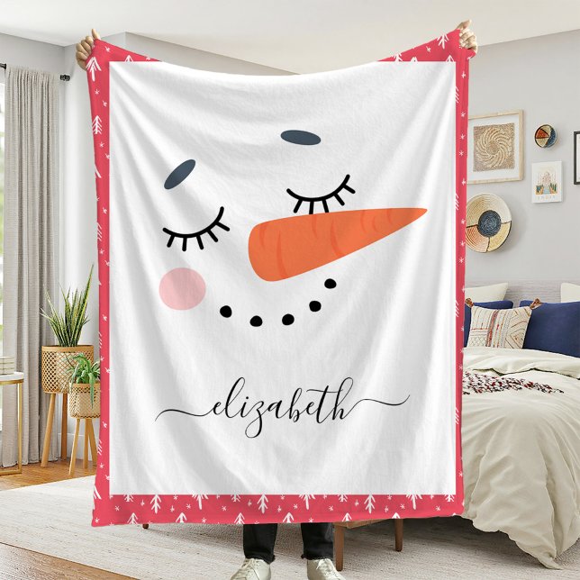 Kids Christmas Snowman Personalized Name Fleece Blanket (Creator Uploaded)