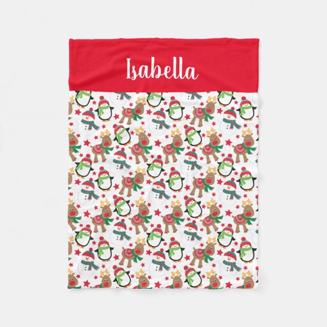 Kids Christmas Snowman Reindeer Personalized Fleece Blanket (Front)