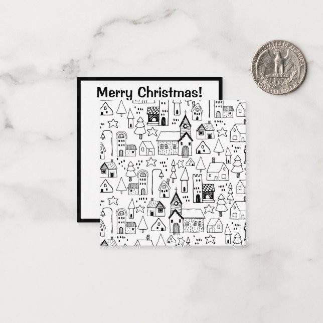 Kids Christmas Village Whimsical Black & White Note Card (Front/Back In Situ)