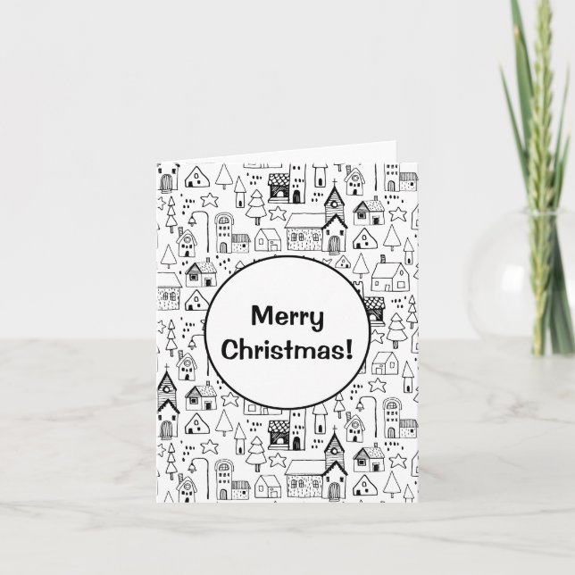 Kids Christmas Village Whimsical Black & White Note Card (Front)