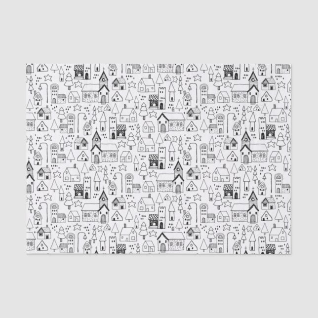 Kids Christmas Village Whimsical Black & White Tissue Paper (Front)