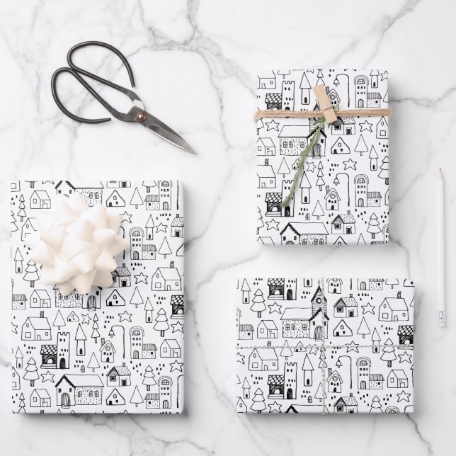 Kids Christmas Village Whimsical Black & White Wrapping Paper Sheets (Front)