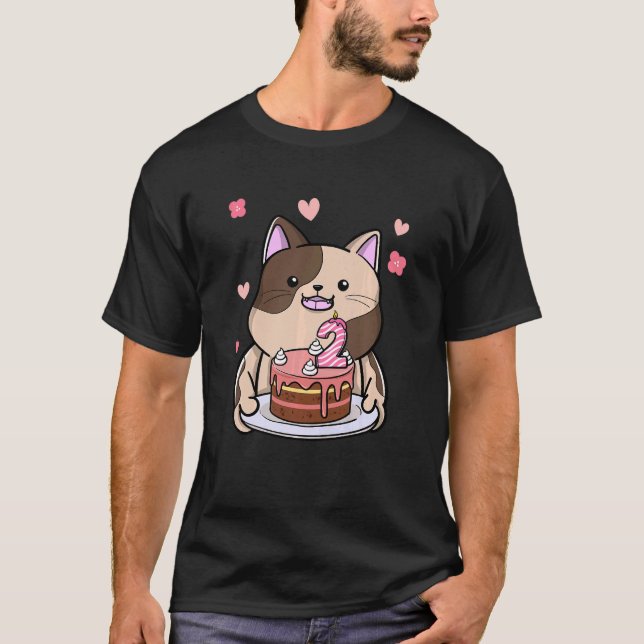 Kids Chubby Cat Holding A Birthday Cake 2nd Year B T-Shirt (Front)