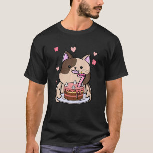 Kids Chubby Cat Holding A Birthday Cake 7th Year B T-Shirt