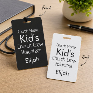 KIDS Church Crew Volunteer Black White Name Badge
