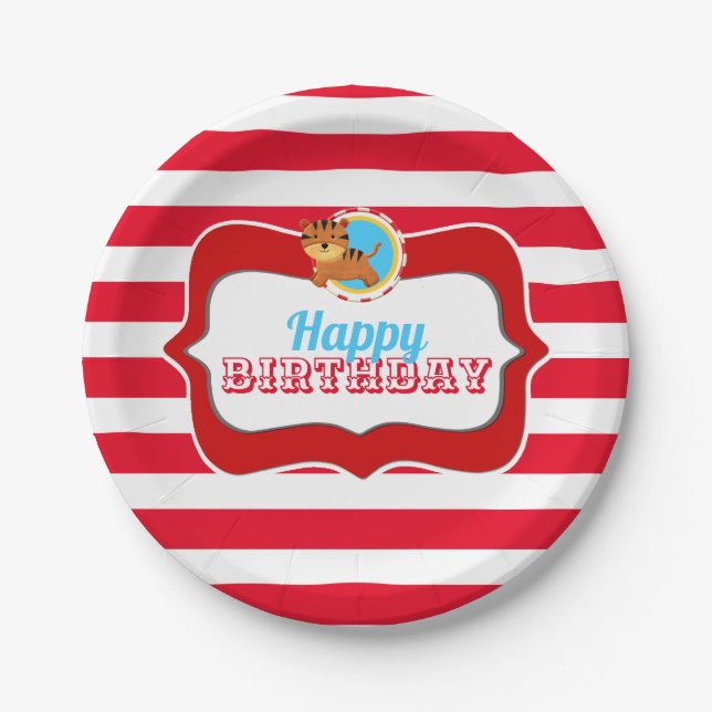 Kids circus birthday fun cartoon tiger party paper plates (Front)