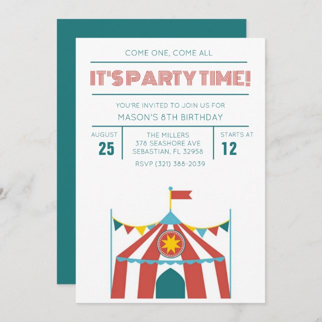 Kid's Circus Birthday Party Invitation (Front/Back)