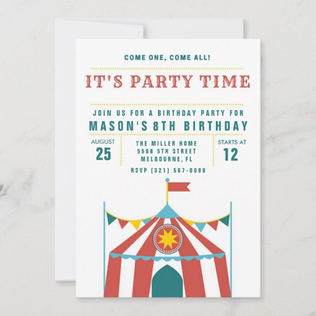 Kid's Circus Birthday Party Invitation (Front)