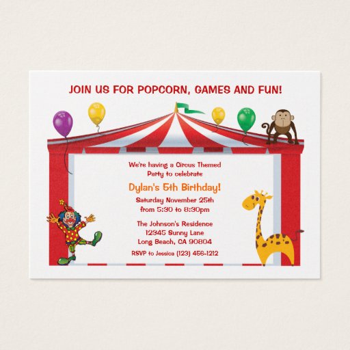 Customizable Kids Circus Birthday Party Invitations Business Cards