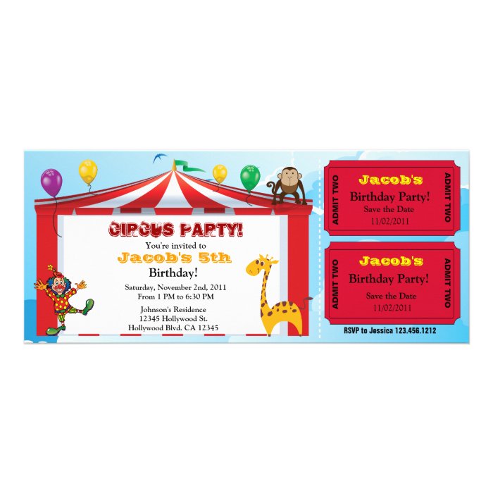 Kids Circus Birthday Ticket Invites