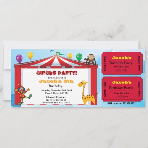 Kids Circus Birthday Ticket Invites