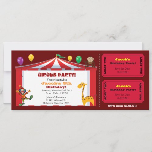 Kid's Circus Ticket Birthday Invites
