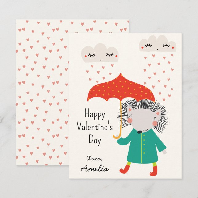 Kids Classroom Cute Hedgehog Valentine's Day Note Card (Front/Back)