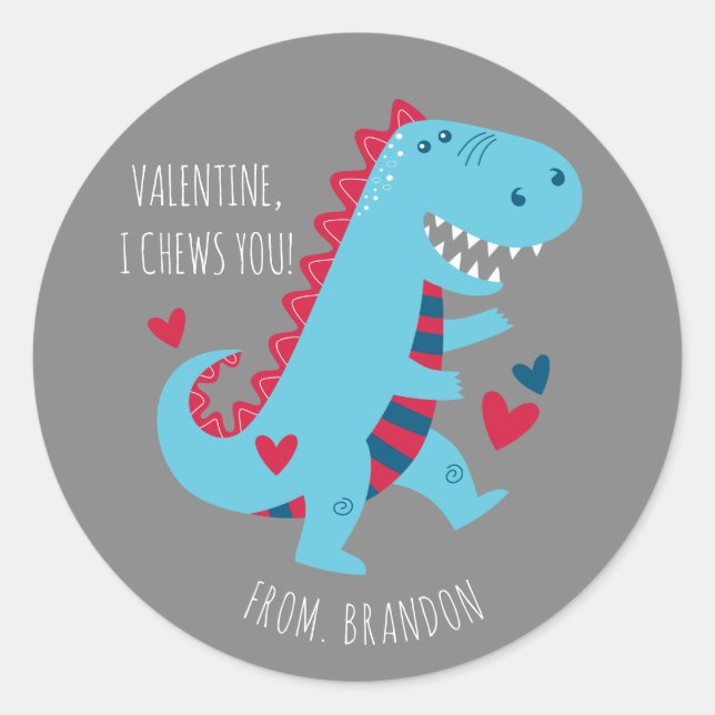 Kids Classroom Dinosaur Valentines Day Classic Round Sticker (Front)