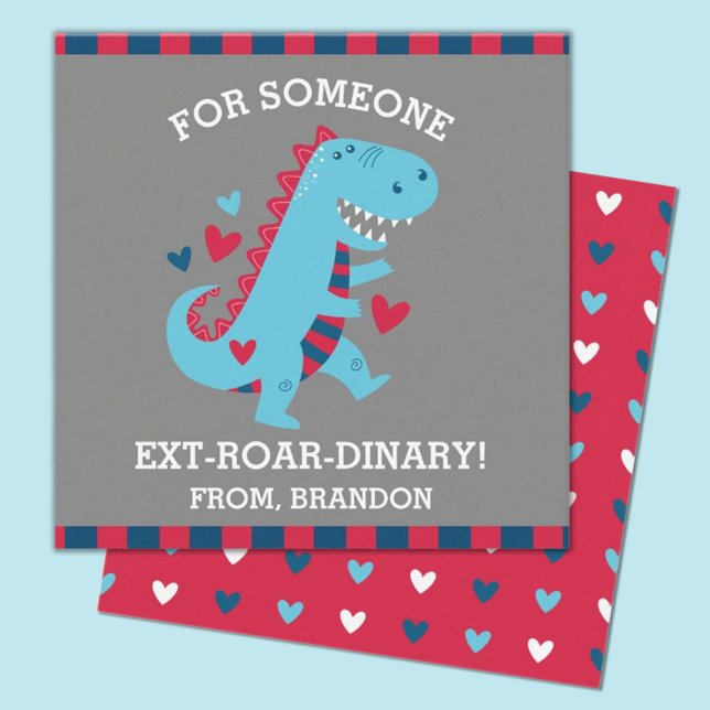 Kids Classroom Dinosaur Valentines Day Note Card (fun mini dinosaur valentine with the words For someone EXT-ROAR-DINARY)