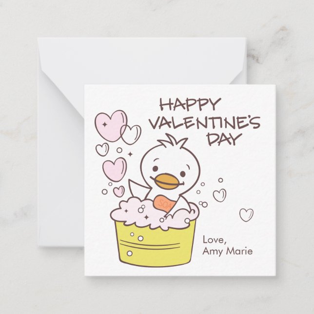 Kids Classroom Duck Bubble Bath Hearts Valentine Note Card (Front)