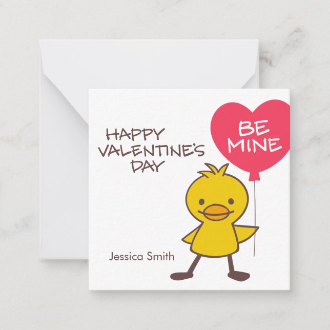 Kids Classroom Duckling BE MINE Balloon Valentine Note Card (Front)