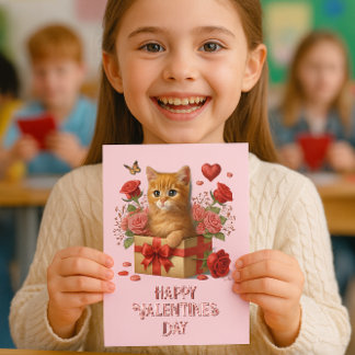 Kids Classroom Valentine's Day Cute Kitty  Note Card