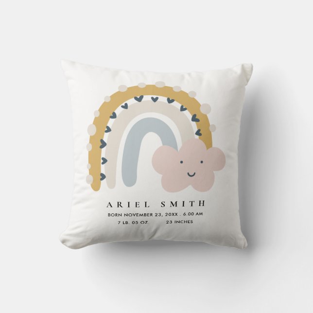 KIDS CLOUD BLUSH BLUE RAINBOW BABY BIRTH STATS THROW PILLOW (Front)