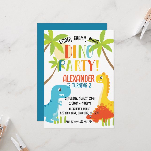 Kids Colorful Dinosaur Birthday Party Invitation (Front/Back In Situ)