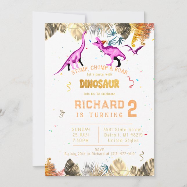 Kids Colorful Dinosaur Theme Birthday Party Invitation (Front)