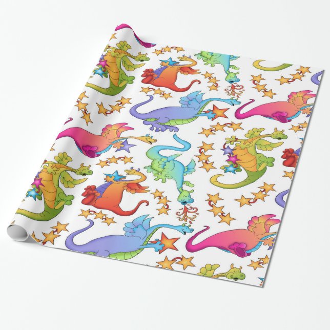Kids Colorful Dragons Gift Wrapping paper (Unrolled)