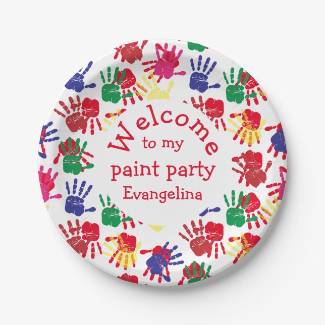 Kids Colorful Hand Prints Party Paper Plates (Front)