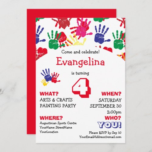 Kids Colorful Handprints Birthday Party Invitation