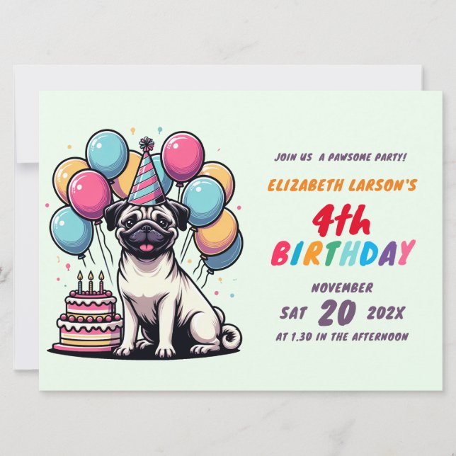 Kids Colorful Pug Theme Birthday Invitation (Front)