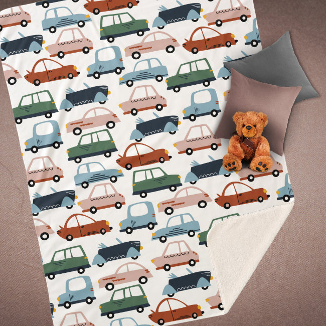 Kids Colorful Retro Car and Truck Pattern Sherpa Blanket