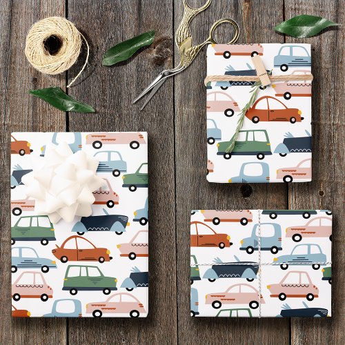 Kids Colorful Retro Car and Truck Pattern Wrapping Paper Sheets