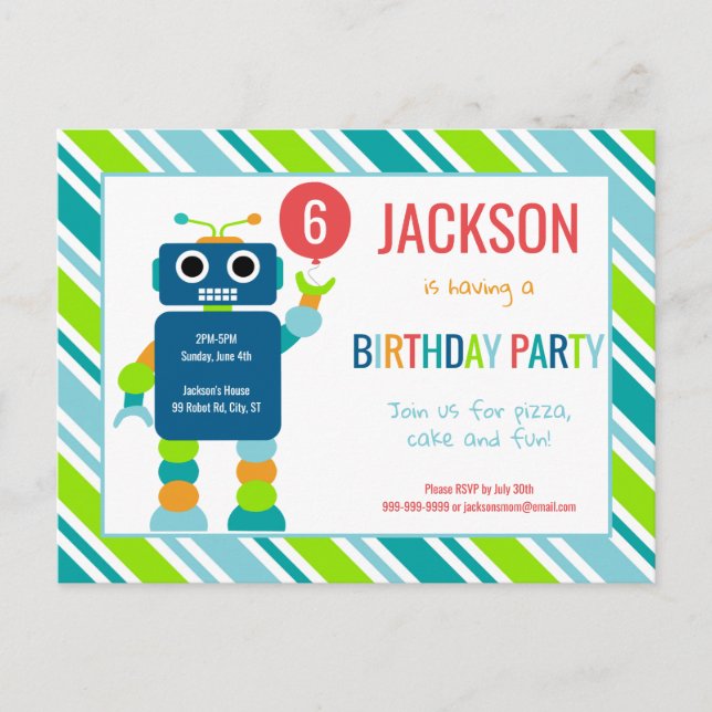 Kids Colorful Robot Birthday Invitation Postcard (Front)
