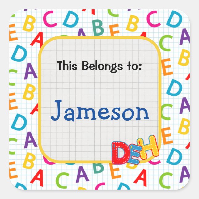 Kids colorful school pattern square sticker (Front)