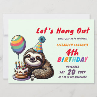 Kids Colorful Sloth Theme Birthday Party Invitation