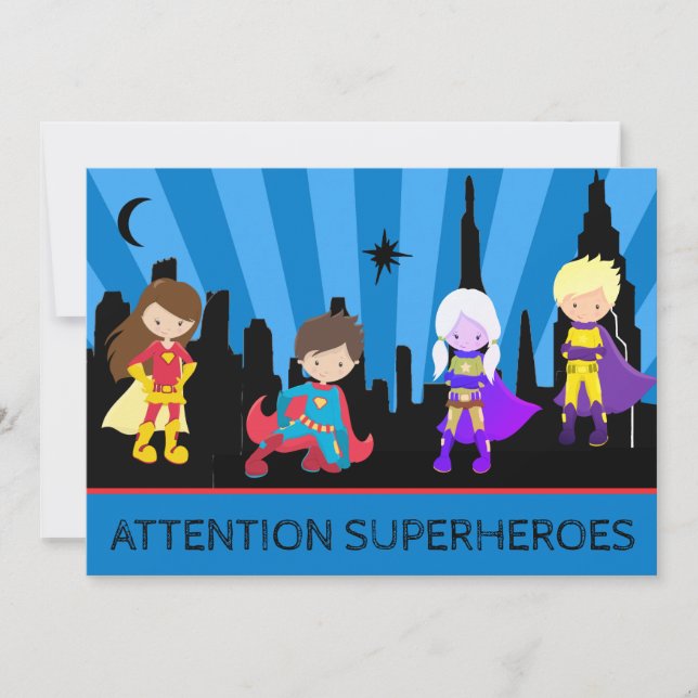 *~*  Kids Colorful SUPERHEROS Bold Birthday Party Invitation (Front)